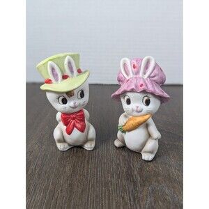 VTG Salt & Pepper Ceramic Shakers Mr Mrs Bunny Rabbit Easter 1950s Whimsical 4in